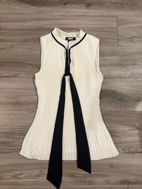DKNY White Sleeveless Pleated Top with Black Tie